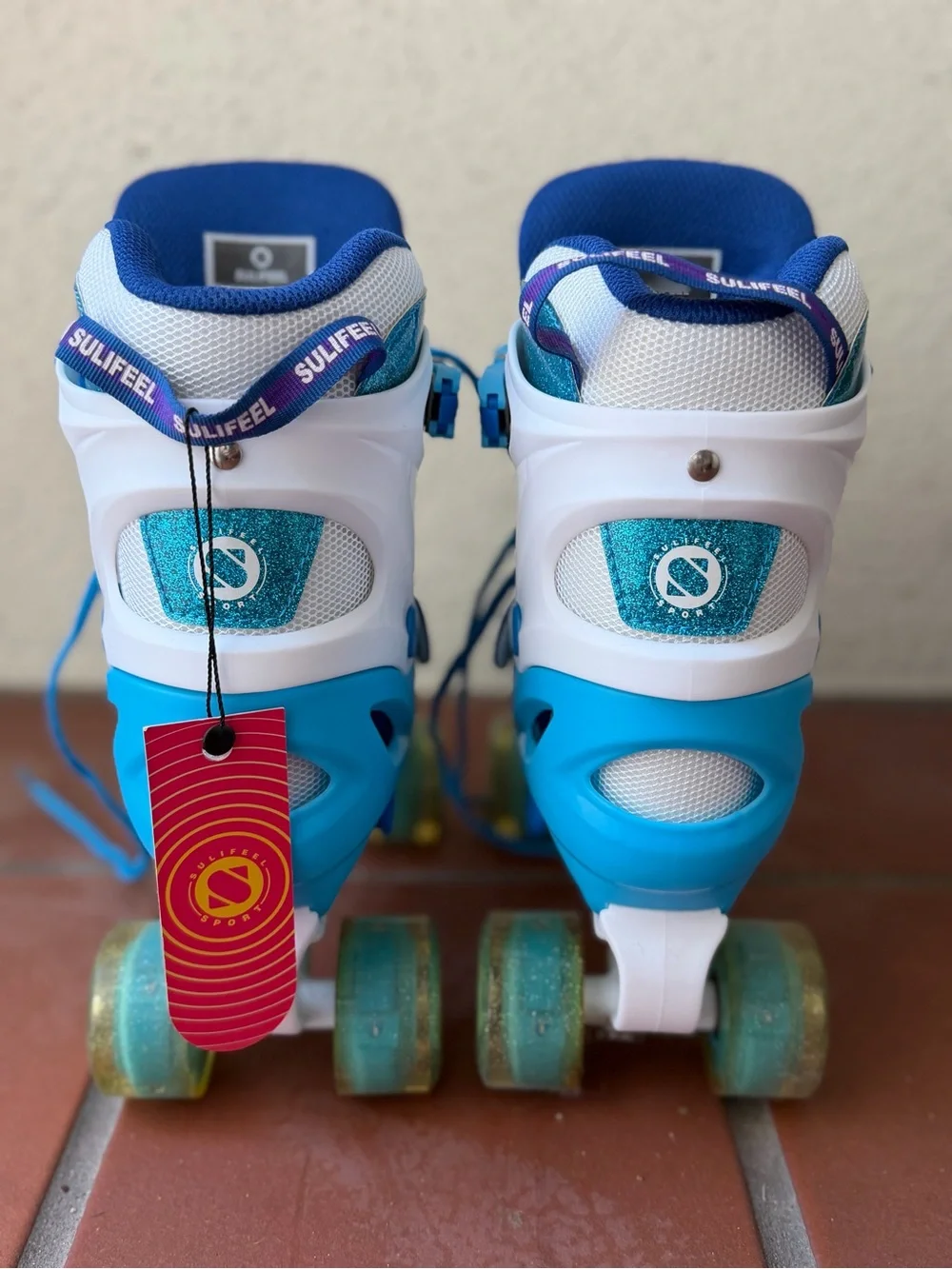 Kids Teal Blue and Pink Glitter Wheel Quad Rollerskates